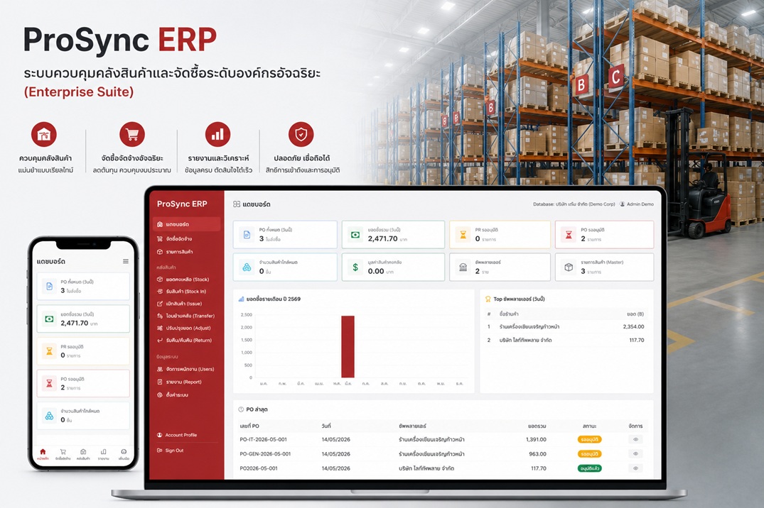 ระบบ ProSync ERP: ระบบควบคุมคลังสินค้าและจัดซื้อระดับองค์กรอัจฉริยะ (Enterprise Suite) - PM Programing
